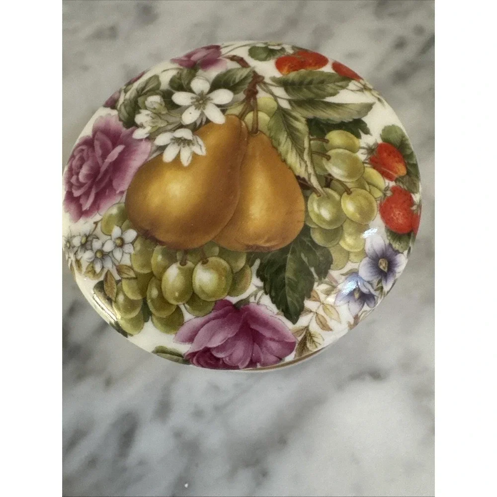 Royal Worcester Fine Bone China Trinket Box Fruit Floral Orchard Gold England
